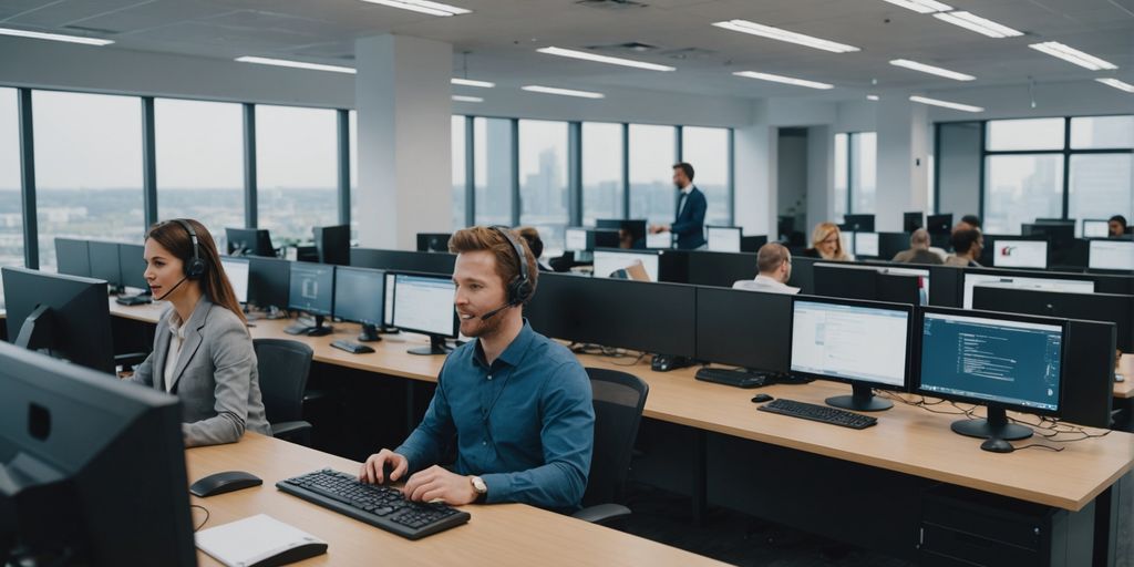 Diverse call center agents with headsets and computers.