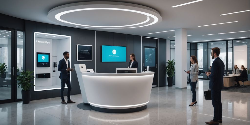 AI receptionist kiosk in modern office lobby