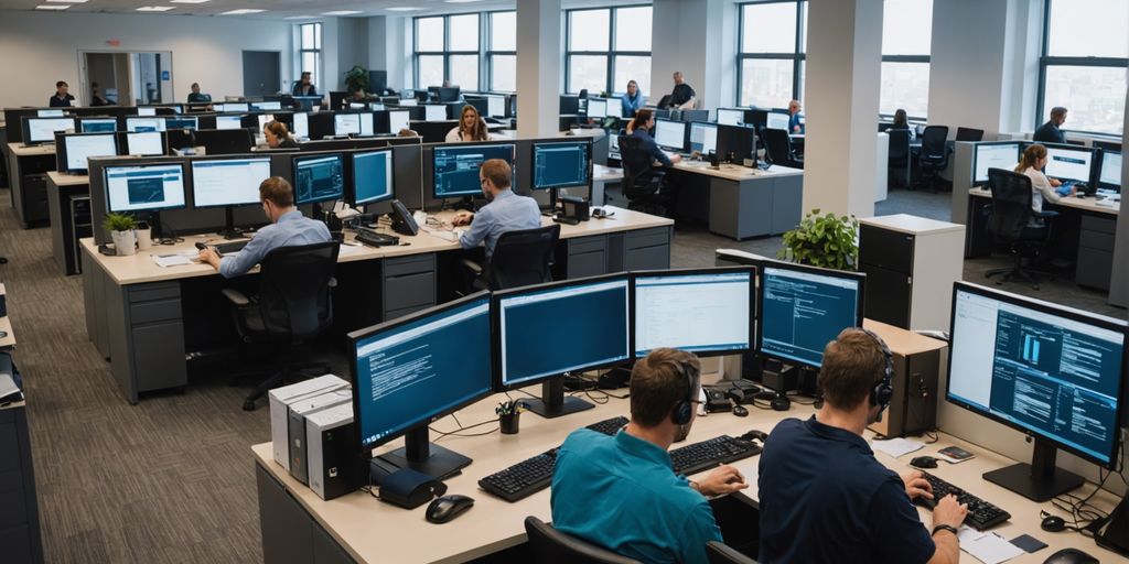 Busy office with people on computers.