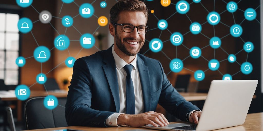 Businessperson using laptop with digital icons floating.