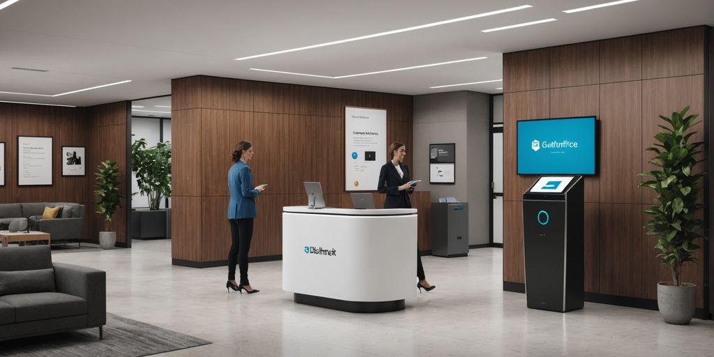 AI receptionist kiosk in a modern office lobby