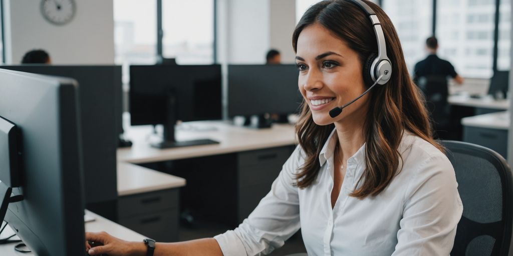 Virtual receptionist at desk with headset