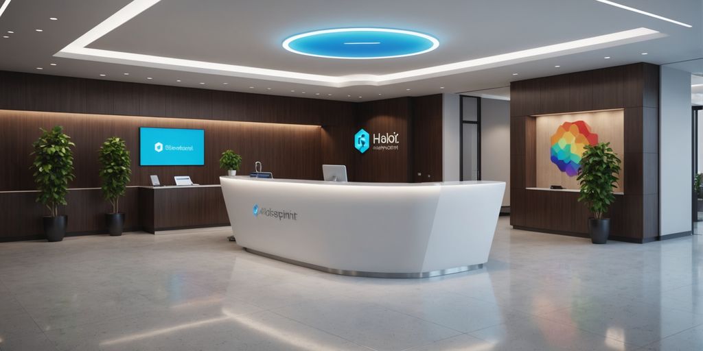 AI receptionist greeting people in modern office lobby