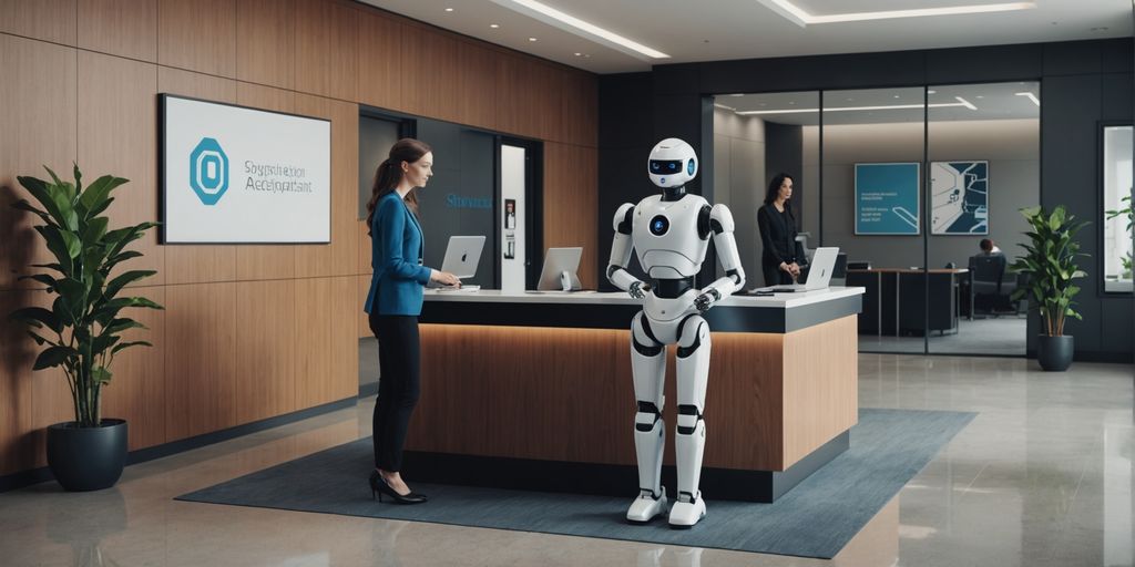 AI robot receptionist in a modern office lobby.