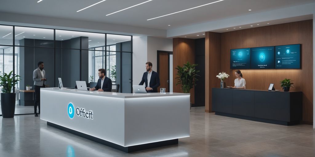 AI receptionist in a modern office lobby.