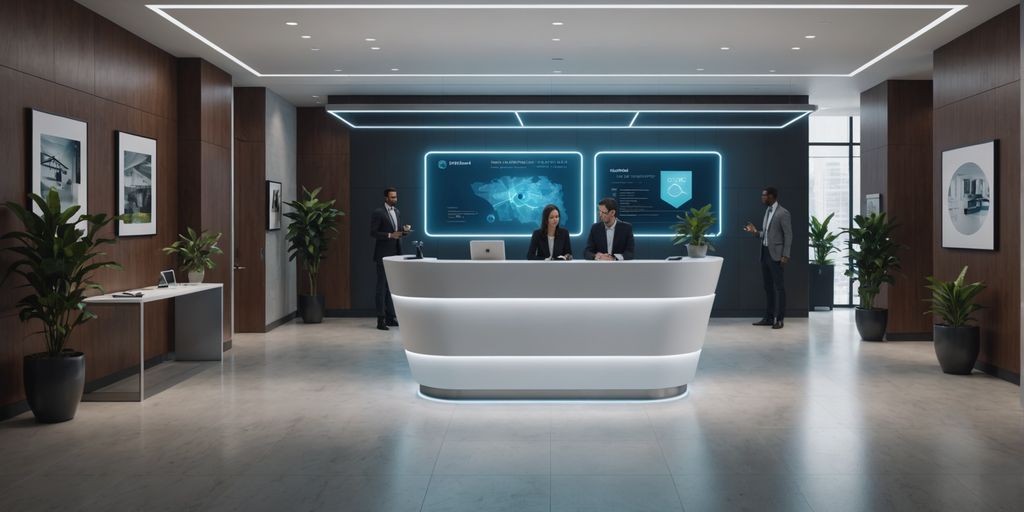 AI hologram receptionist in a modern office lobby.