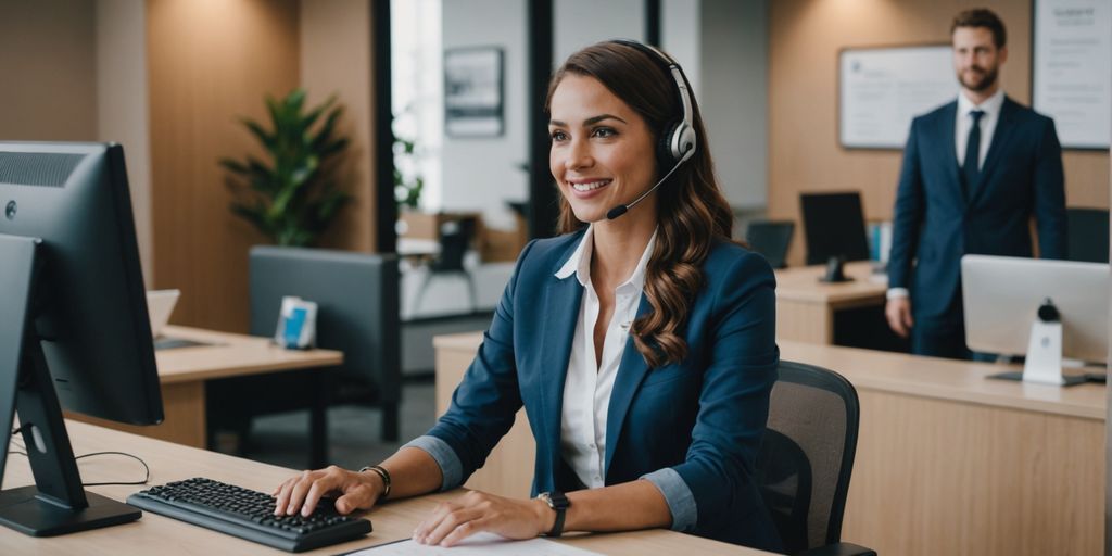 AI receptionist assisting clients in a modern office.