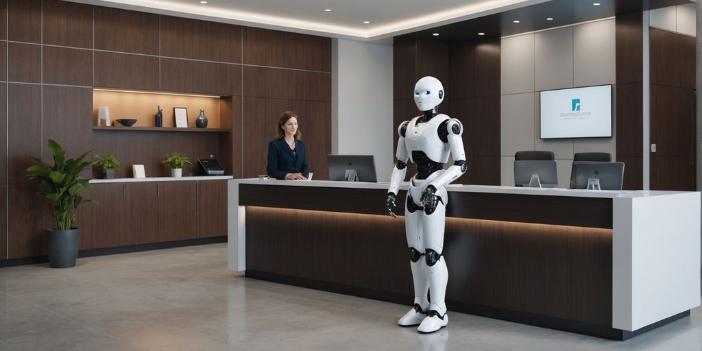 Humanoid robot receptionist in office lobby