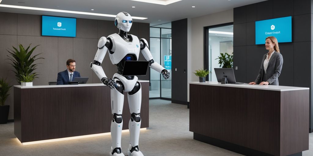 Humanoid robot receptionist in a modern office lobby.
