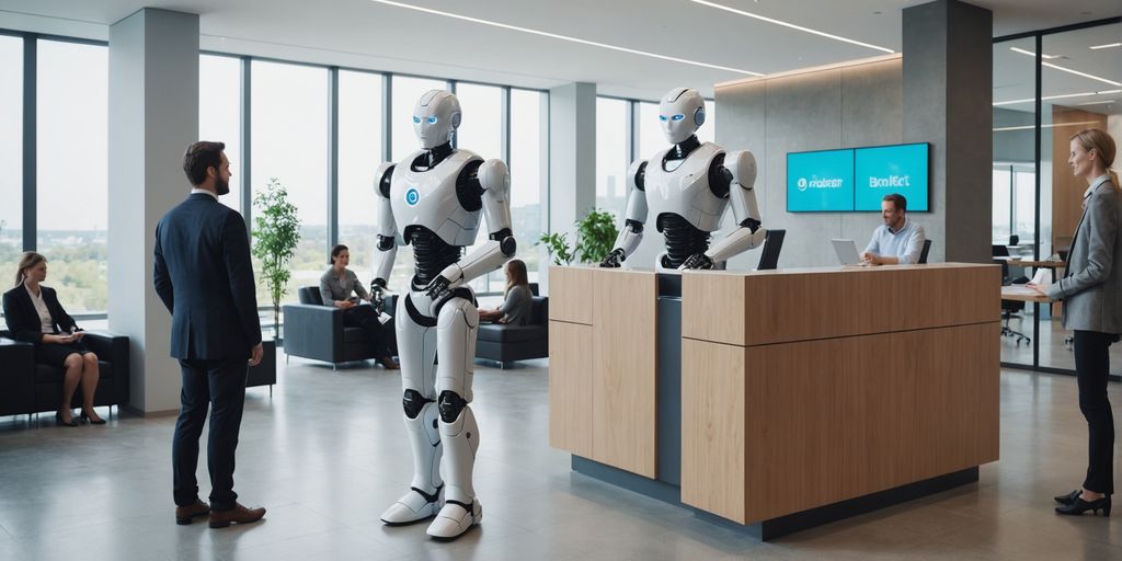 Humanoid robot receptionist in a modern office lobby.