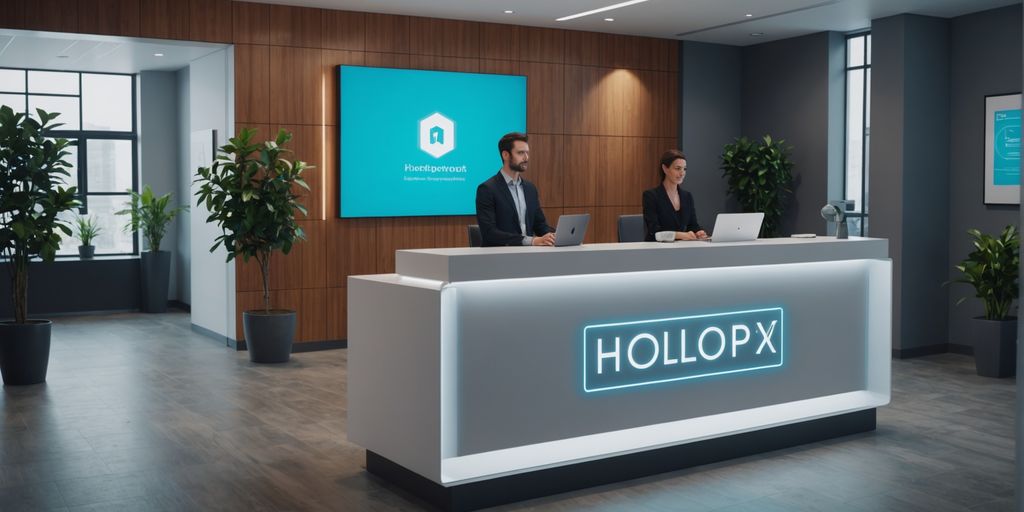 AI receptionist in modern office lobby