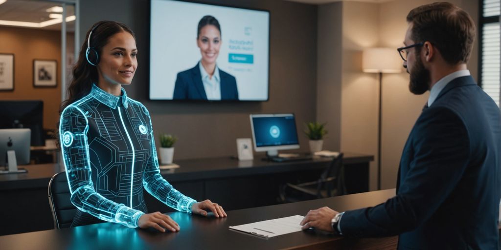 AI receptionist assisting businessperson in office.