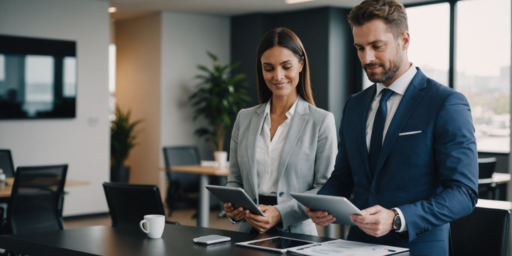 Businessperson showcasing virtual phone assistant technology.