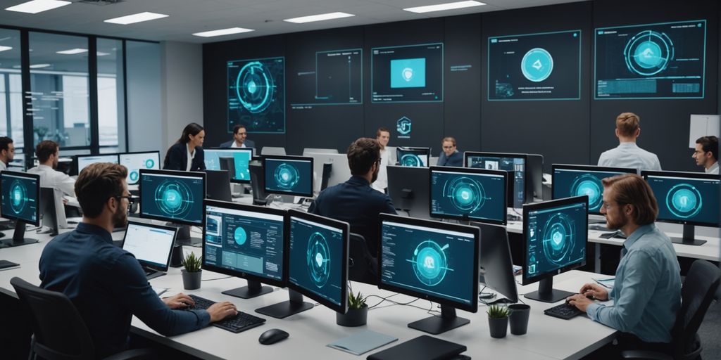 AI holograms prioritizing tasks in a busy office