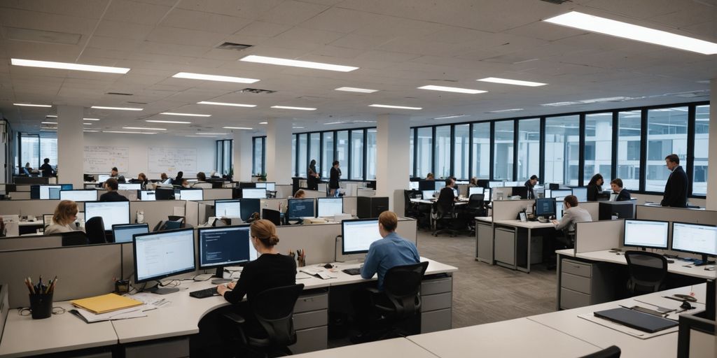 Busy office with people working at desks and computers.