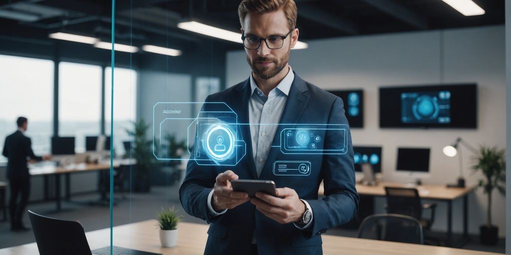 Person holding phone with virtual assistant hologram.