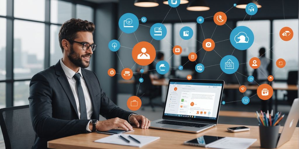 Professional using laptop with virtual assistant