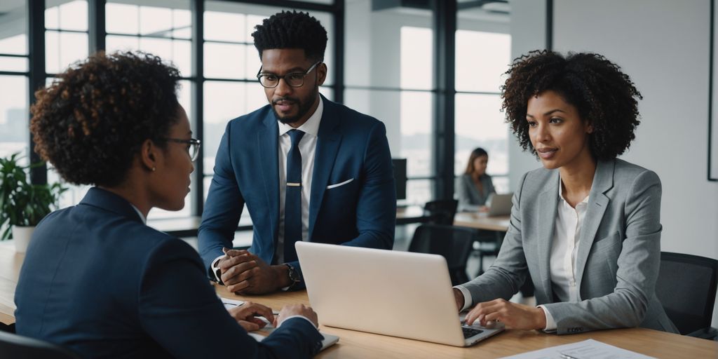 Business team analyzing virtual phone assistant tech.
