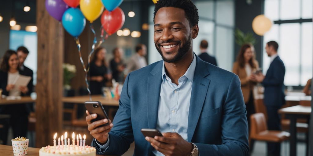 Professional receiving birthday notification with AI elements.