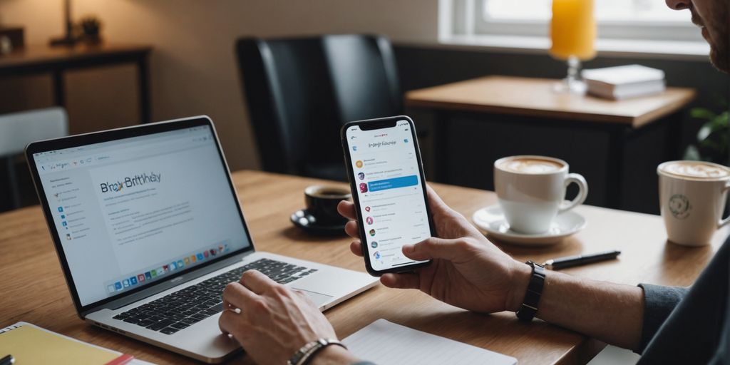 Person getting birthday alert on phone at desk.