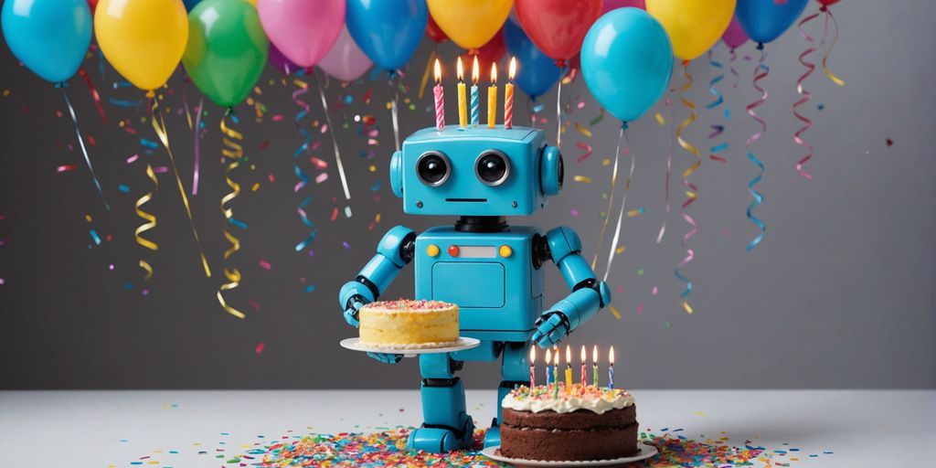 Robot with birthday cake and balloons