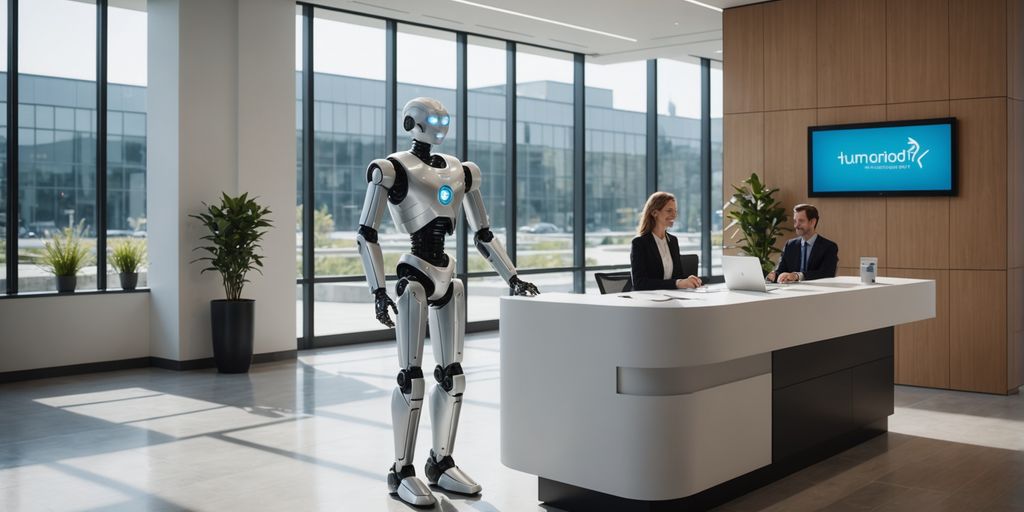 Humanoid robot receptionist in a modern office lobby