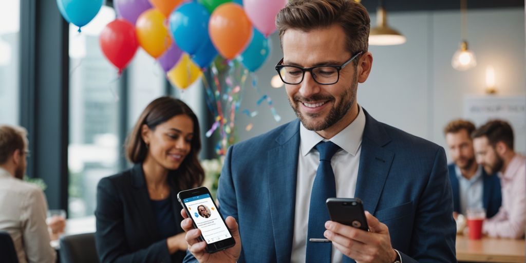 Business professional with birthday notification on smartphone