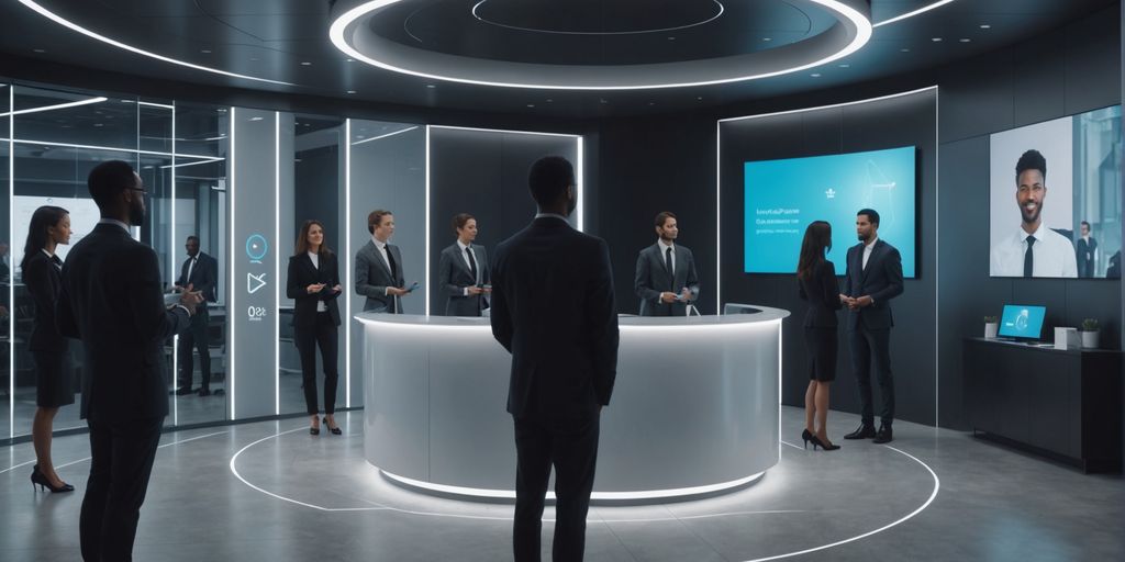 AI receptionist hologram in modern office lobby
