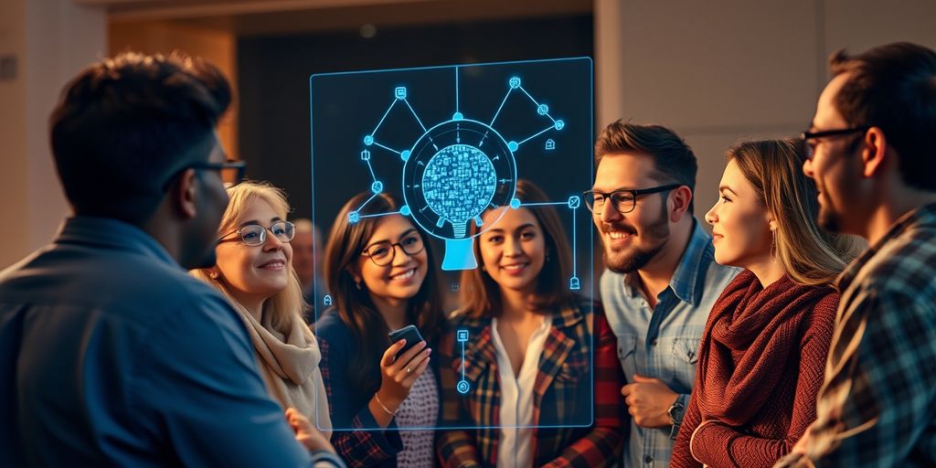People conversing with an AI hologram in the background.