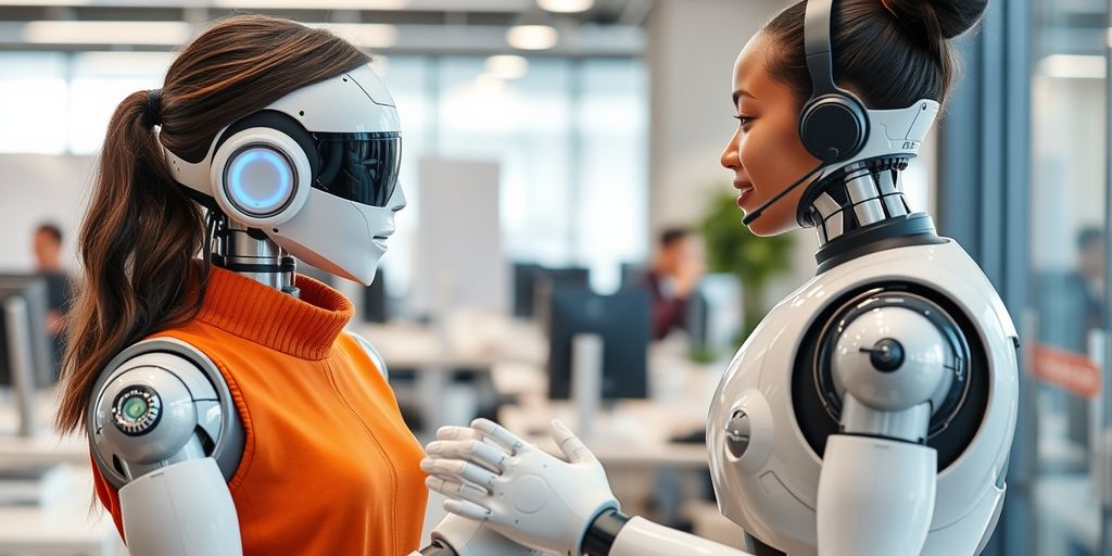 Customer service rep with robot in office