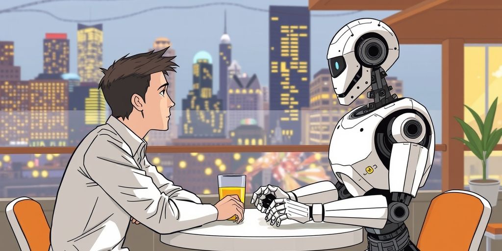 Human and robot talking at a cafe.