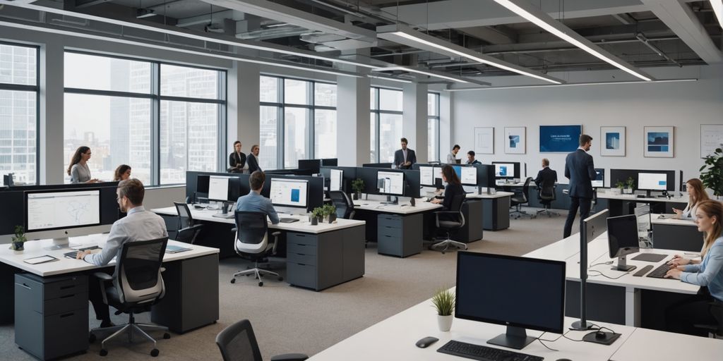 Professionals in office using AI phone systems.