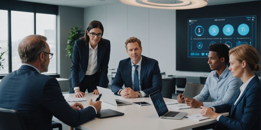 Business meeting discussing AI phone systems