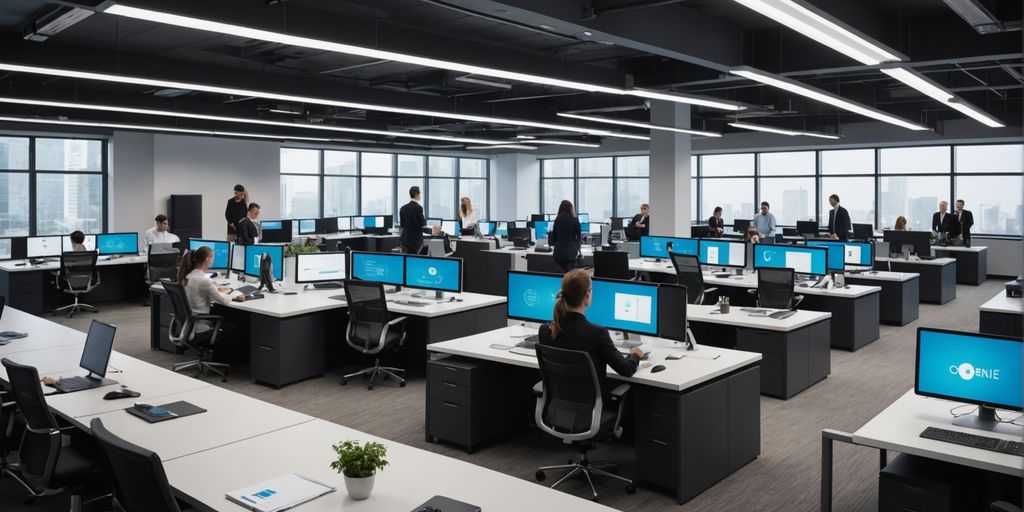 Professionals using AI phone systems in a modern office.