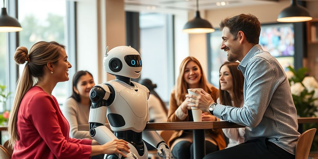 People and a robot talking in a modern cafe.