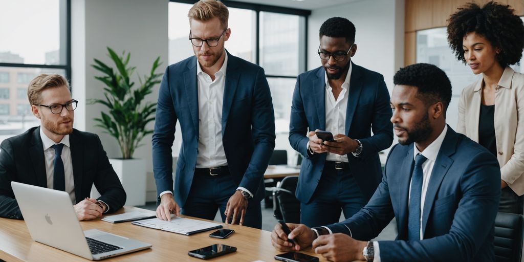 Business professionals discussing AI phone management