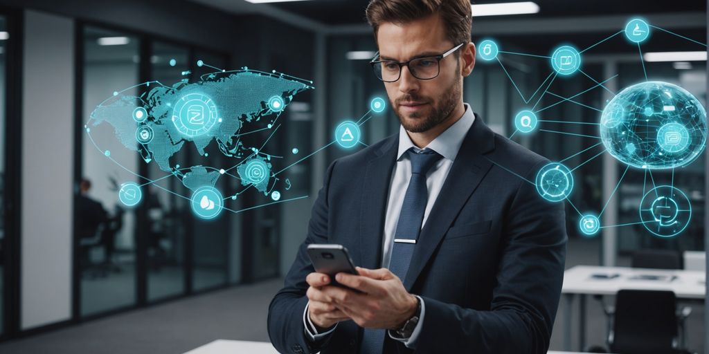 Professional with smartphone and AI holograms in office.