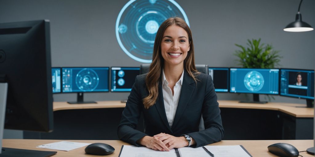 Receptionist smiling at desk with AI hologram.