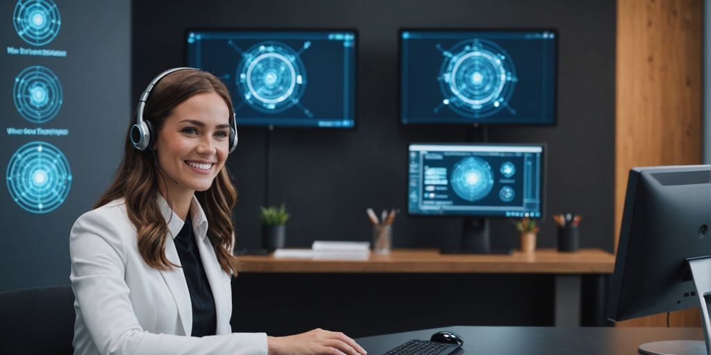 Receptionist with AI hologram at desk