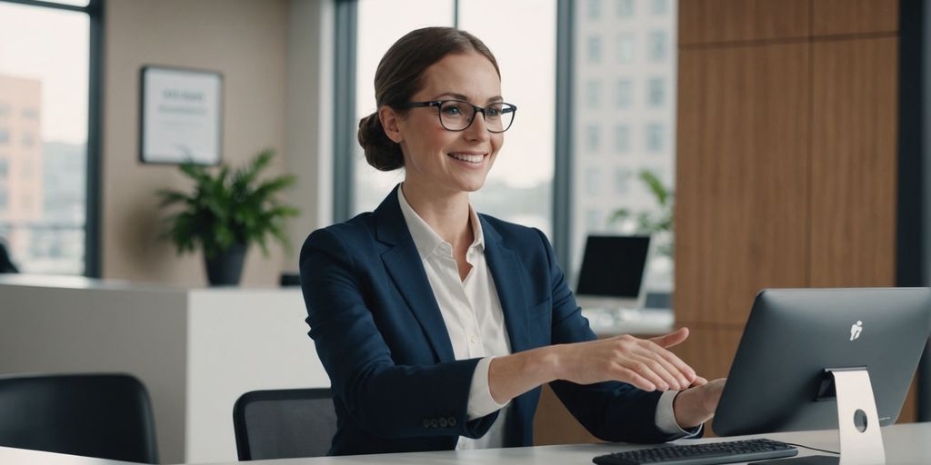Receptionist greeting visitor at modern office desk