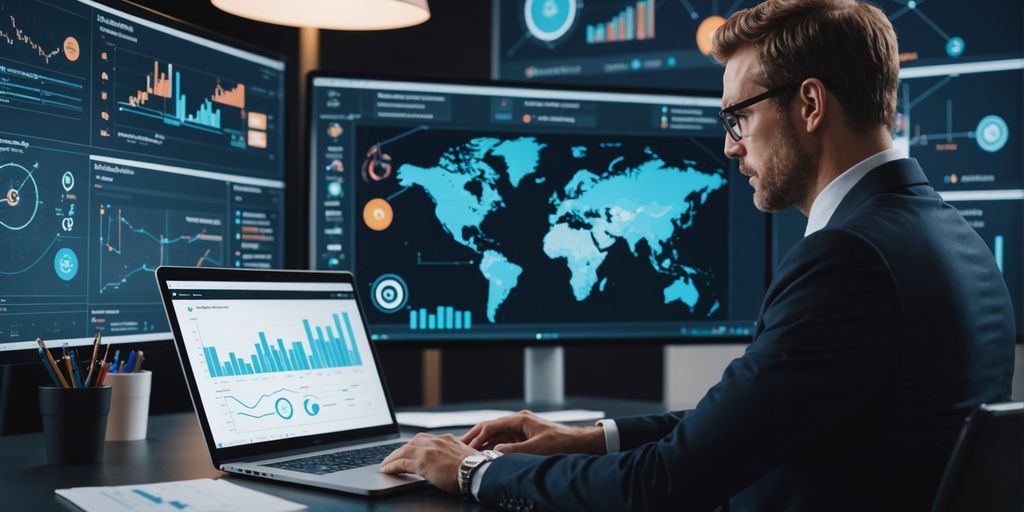 Businessperson analyzing AI charts on laptop.