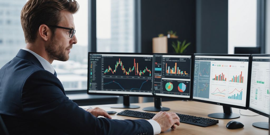 Professional analyzing performance metrics on a computer screen.