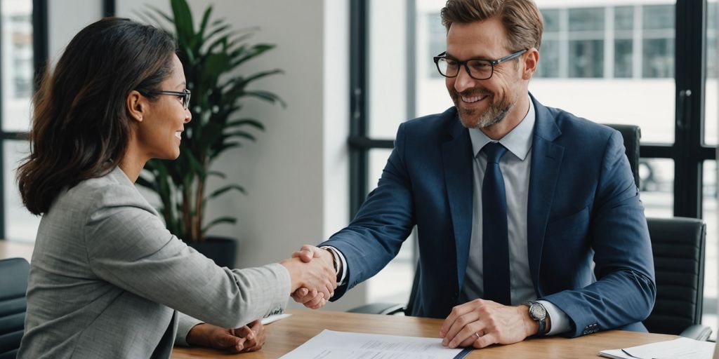 Businessperson shaking hands with a client in office.