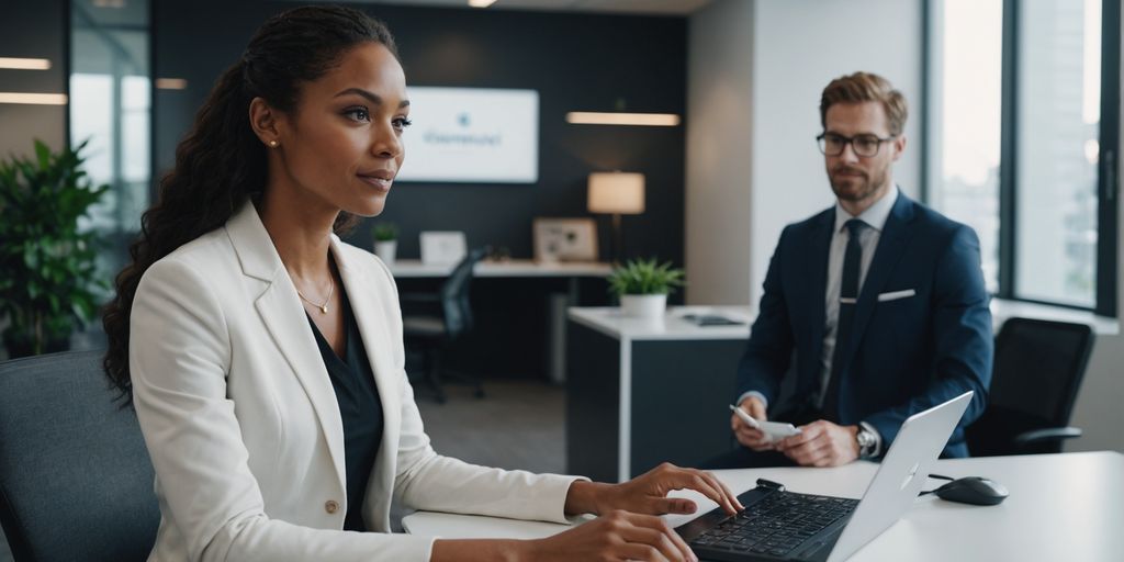 AI receptionist with client in modern office