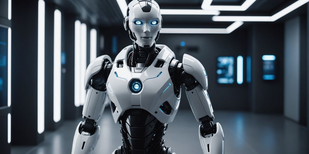 Friendly humanoid robot in a modern room.