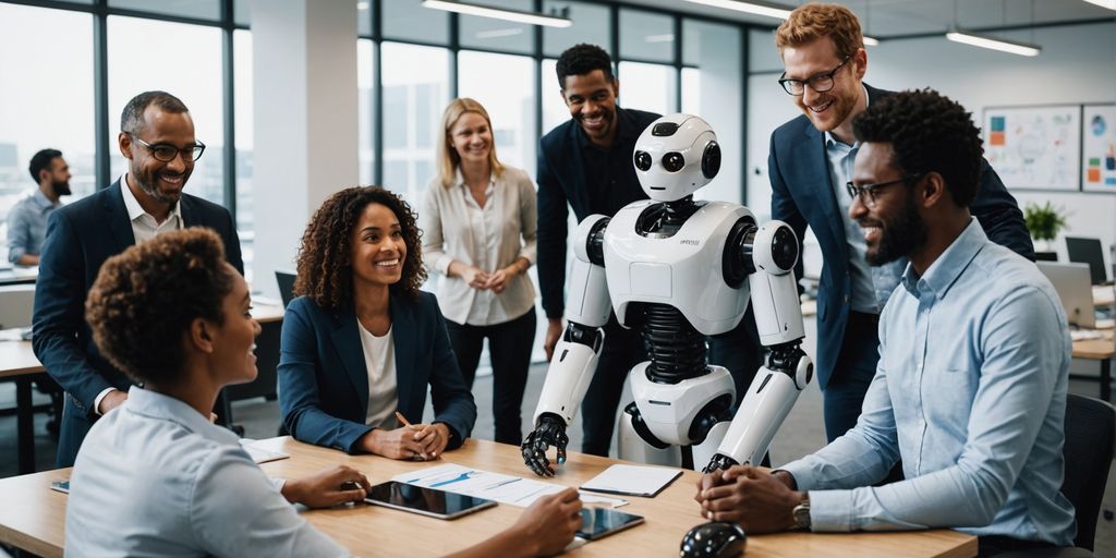 People engaging with a friendly AI robot in an office.