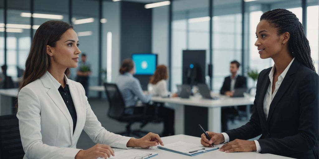 AI receptionist and businessperson in modern office