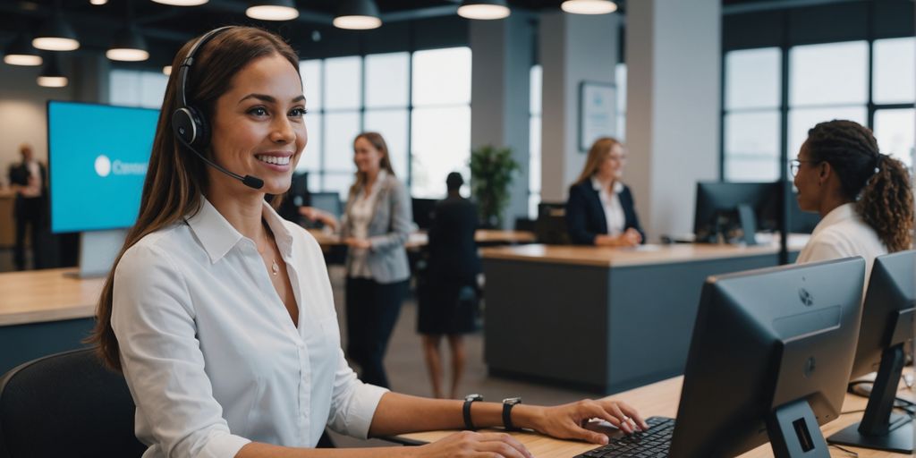 AI receptionist engaging with customers in an office.