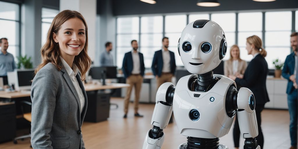 Friendly AI robot engaging with diverse people in an office