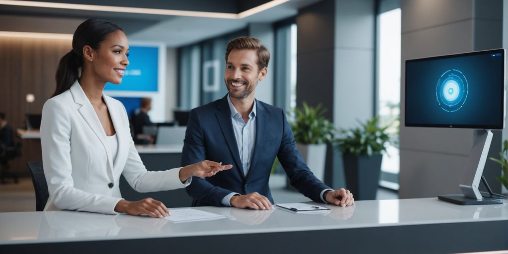 AI receptionist assisting a customer at a reception desk